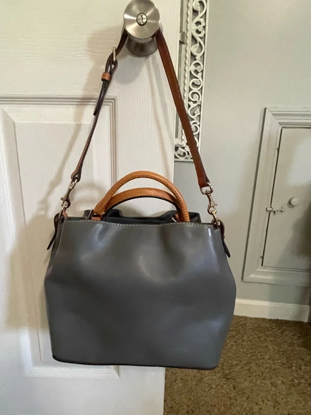 Dooney & Bourke Gray Leather Tote with Tan Handles - Picture 2 of 5